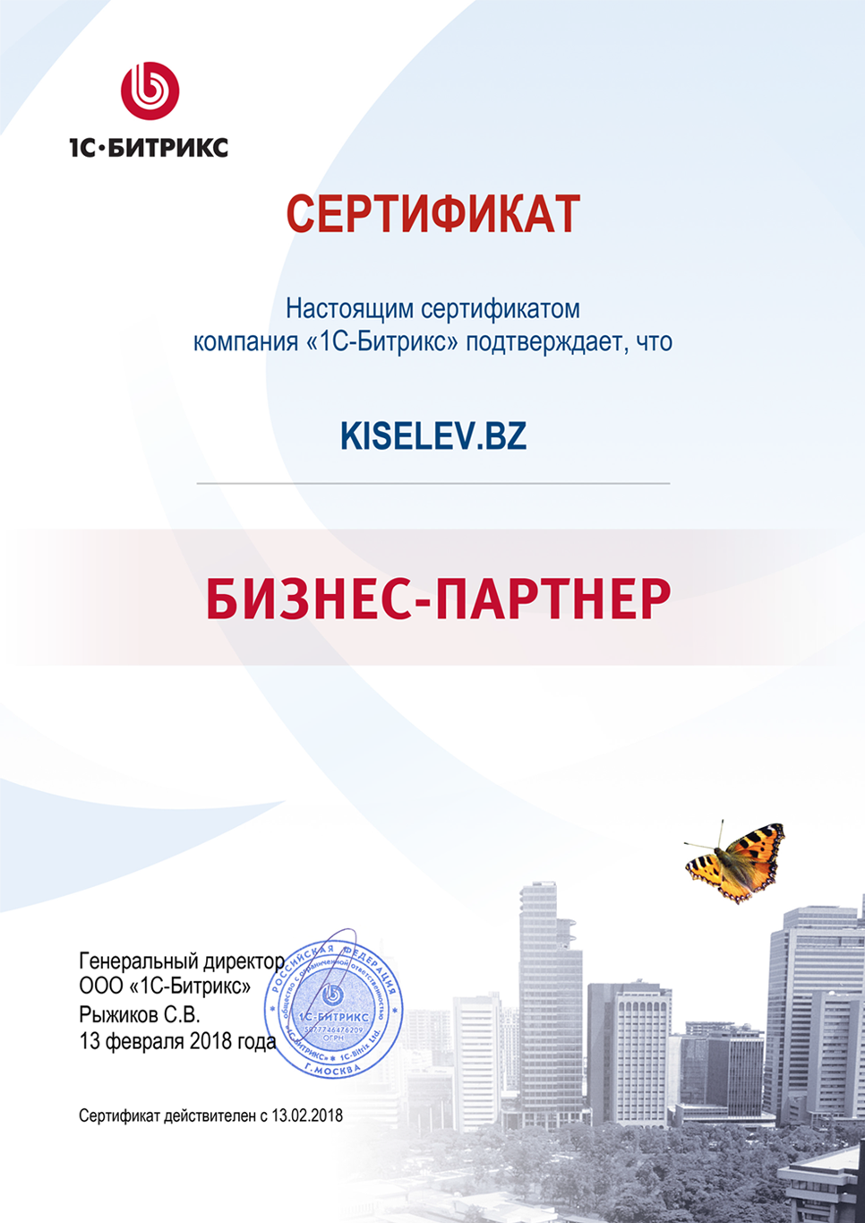 Сертификат партнёра по СРМ системам в Подпорожье